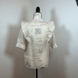 ICHI Cream Ruffle Sheer Dot Blouse  Pintuck Front Script Print Romantic Boho Top